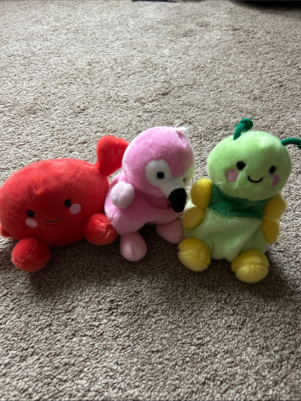 Plush Small Pet Toy Trio - Red Crab, Pink Flamingo, Green Caterpillar